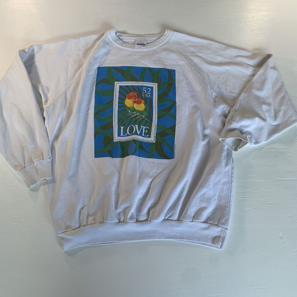 VINTAGE 1991 Love Parrot Stamp White Crewneck Sweatshirt SZ XL(L)